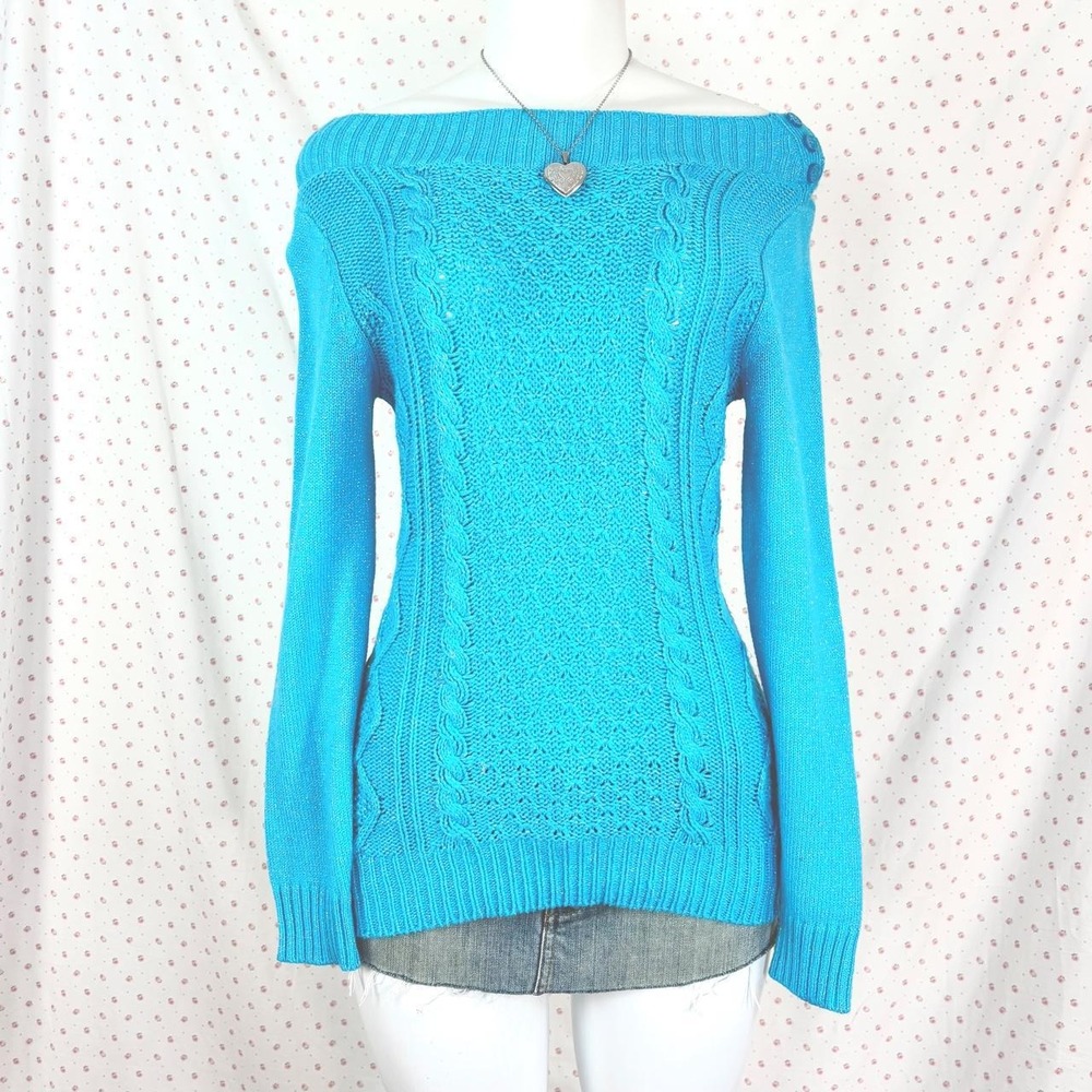 y2k teal blue cable knit sweater glitter knit long sleeve